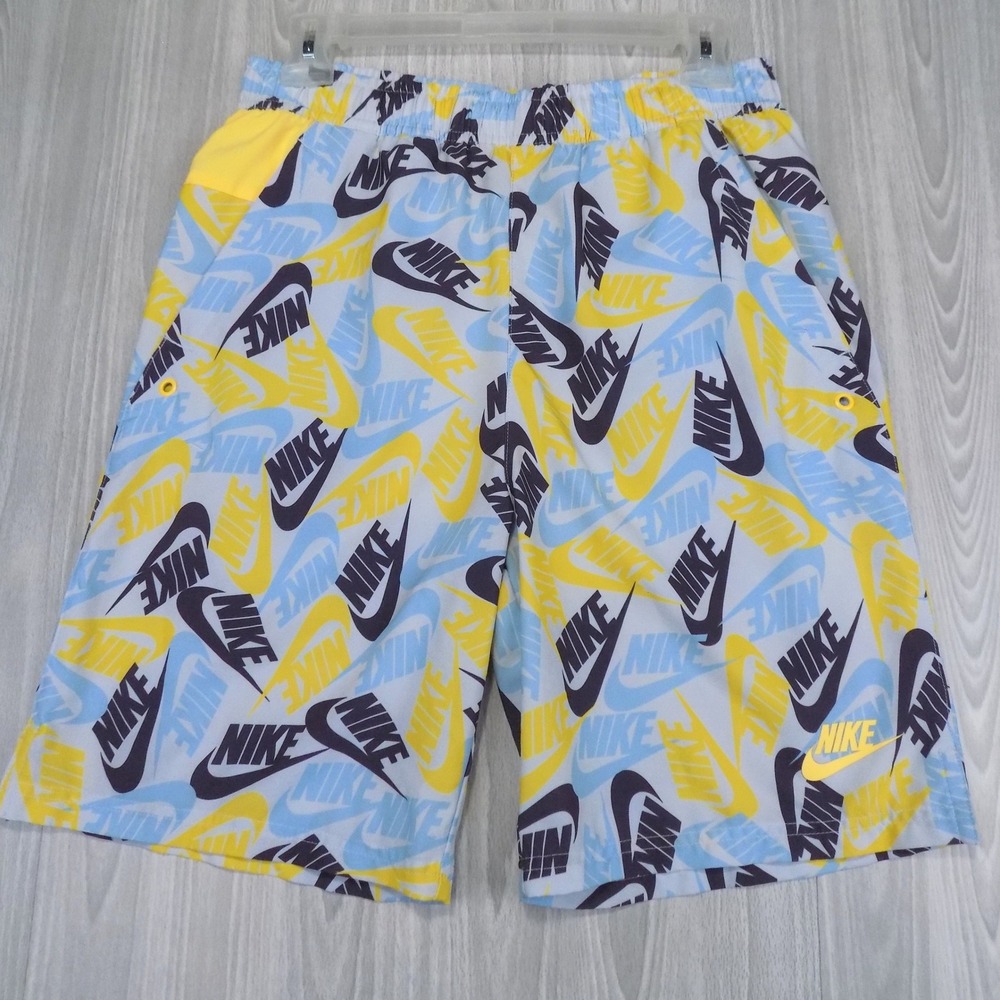 Nike Sportswear Shorts youth XL Blue Yellow All Over Logo Standard Fit Athletic